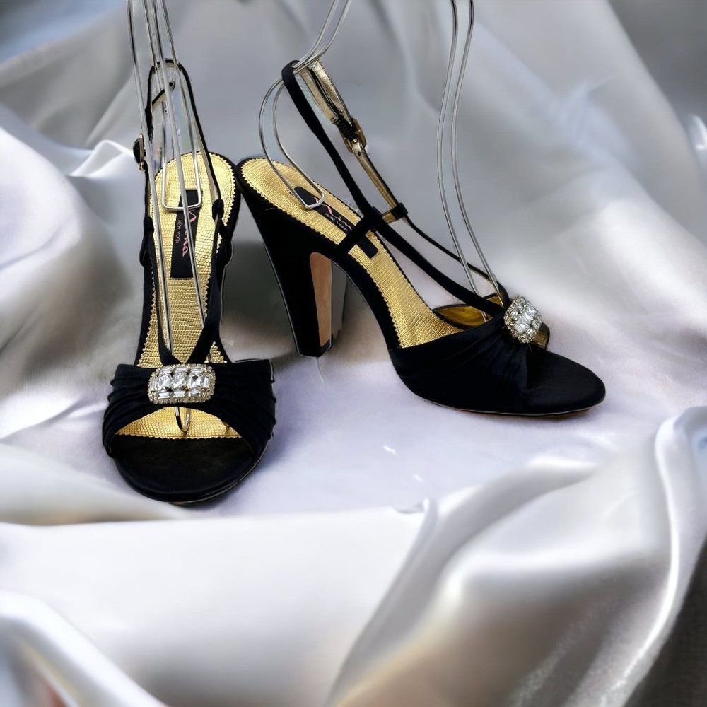 Nina Black Satin Slingback High Heel Embellished Cut Out Heels 9M